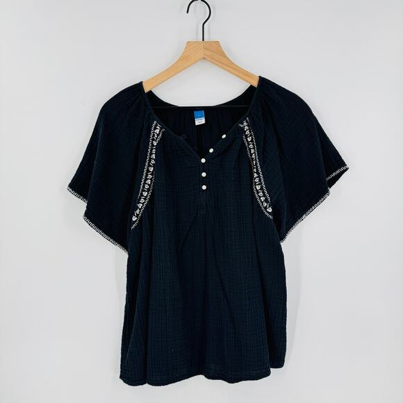 Old Navy Flutter Sleeve Cotton Blouse Black Embroidered Flowy Size L Large - Picture 2 of 8